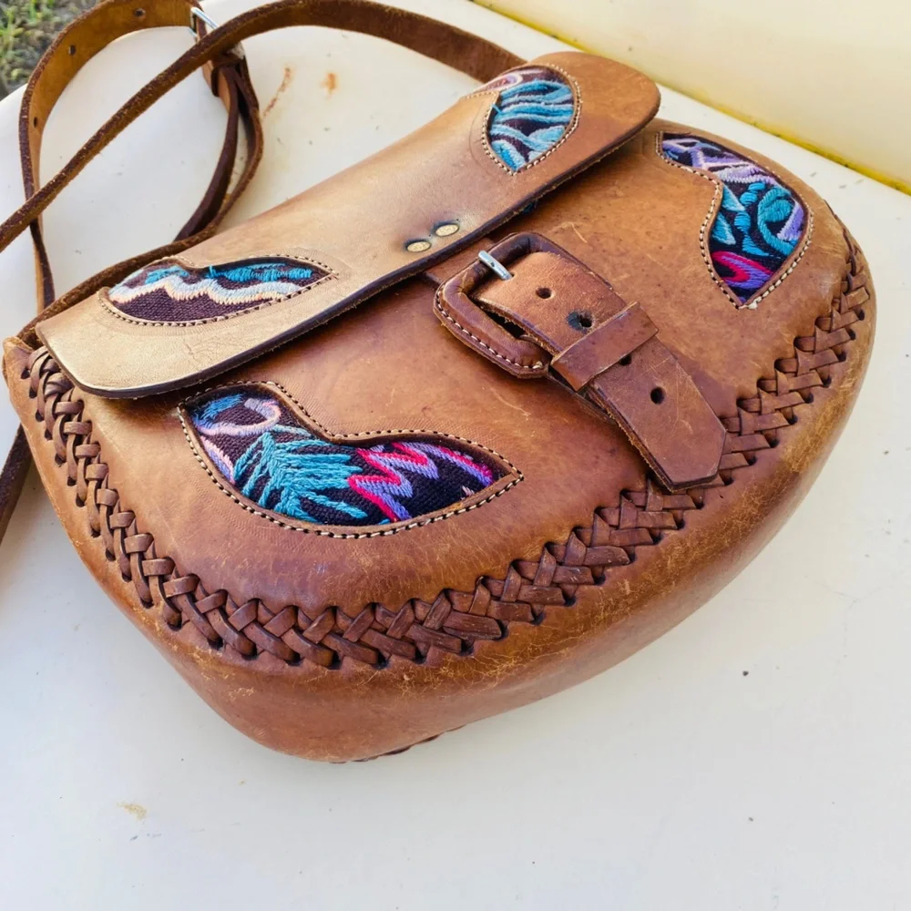 Tooled leather flap top brown crossbody bag handmade bohemian hippie